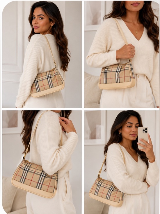 Handbags - Beige Plaid Shoulder Bag - Classic Check Pattern
